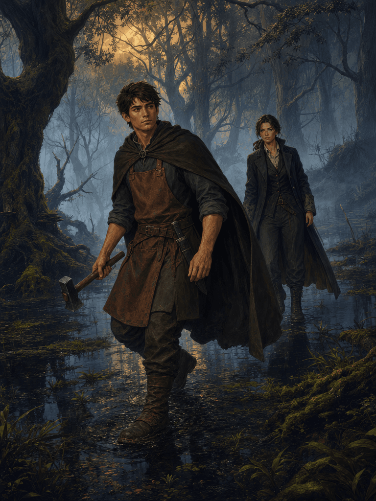 Digital painting of adventurers exploring moonlit ancient ruins with mysterious creatures