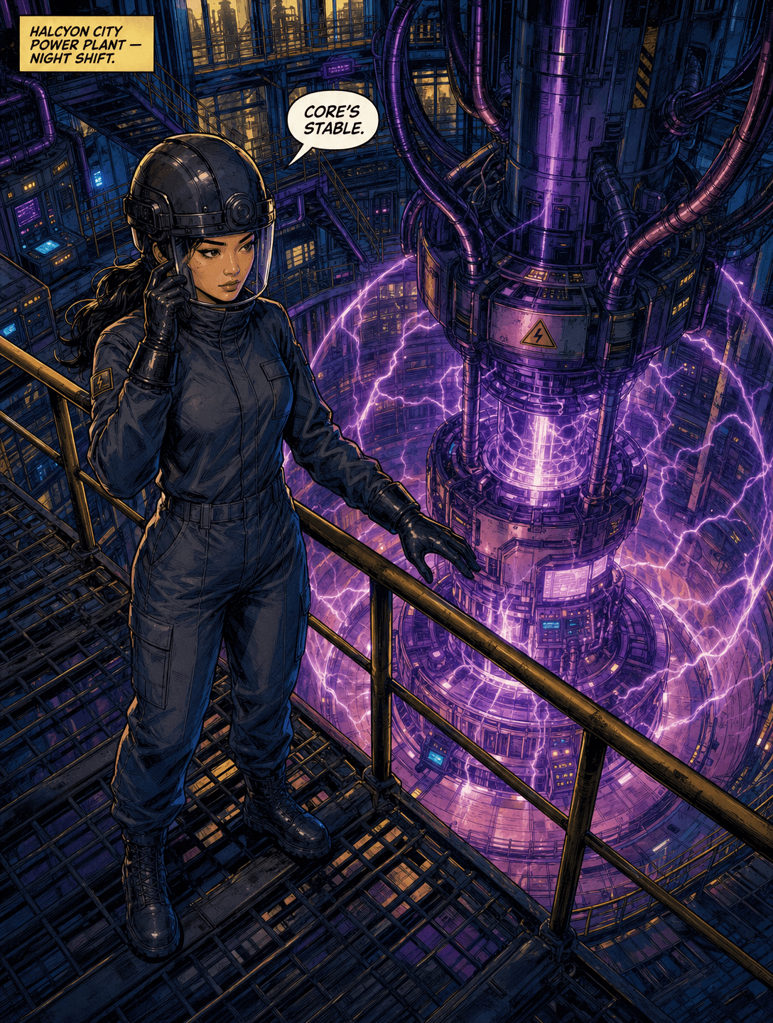 Heroic comic book illustration — a superhero in a dramatic action scene