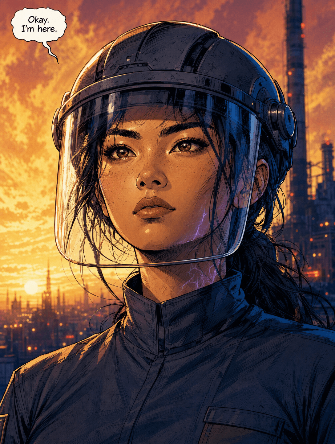 Comic book scene of a hero confronting an energy portal in an industrial setting
